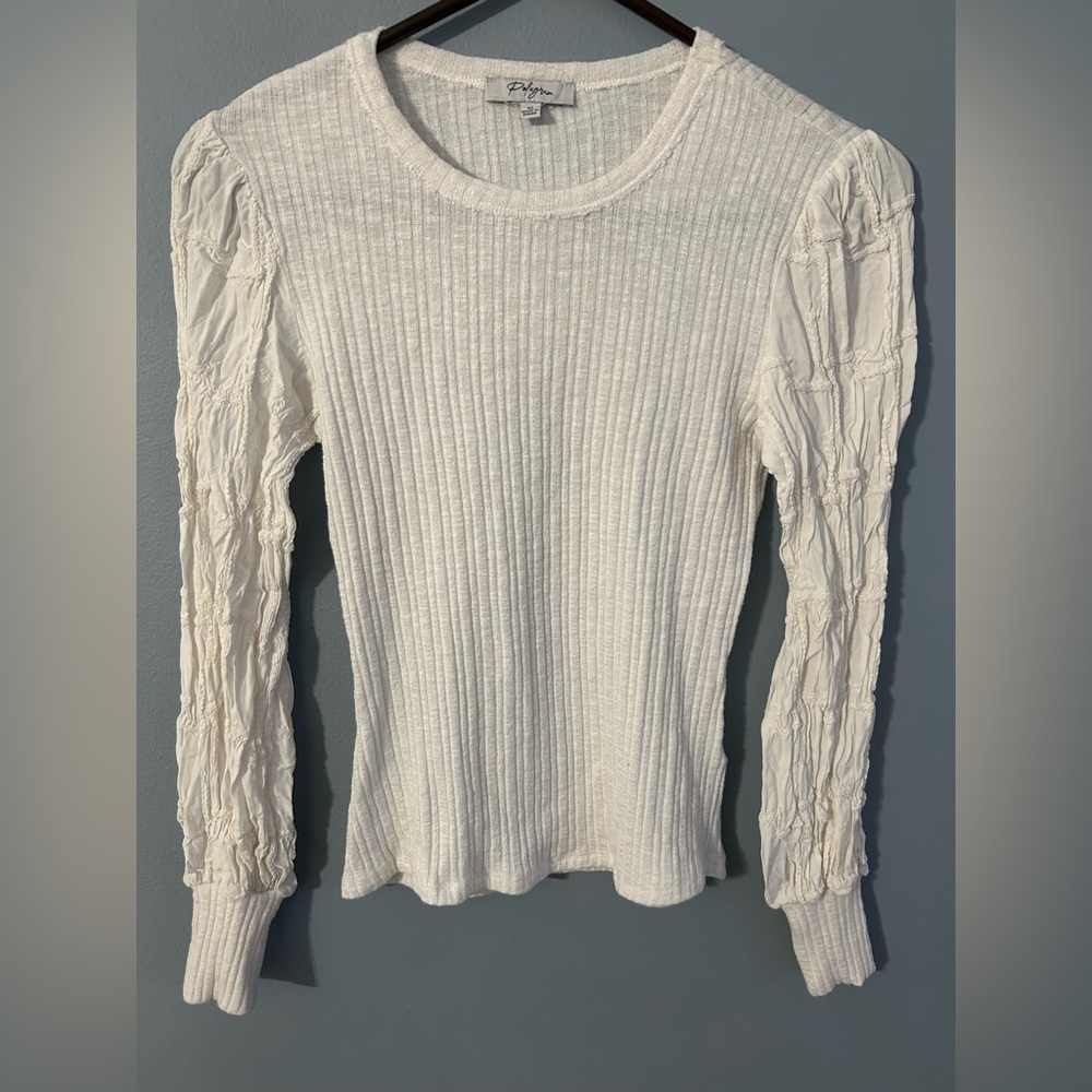 Polagram Cream Ribbed Long-Sleeve Top with Textured Sleeves